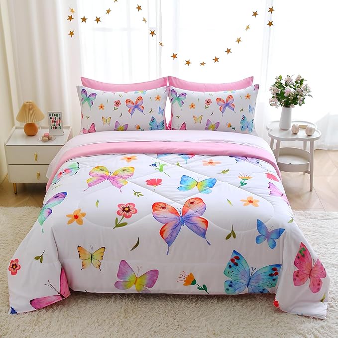 Wajade 7 Piece Butterfly Comforter Set for Girls Kids Cute Colorful Butterfly Flowers Floral Bedding Set Queen Size with Sheet and 2 Pillowcases 2 Pillow Shams Bed in a Bag as Birthday Choice
