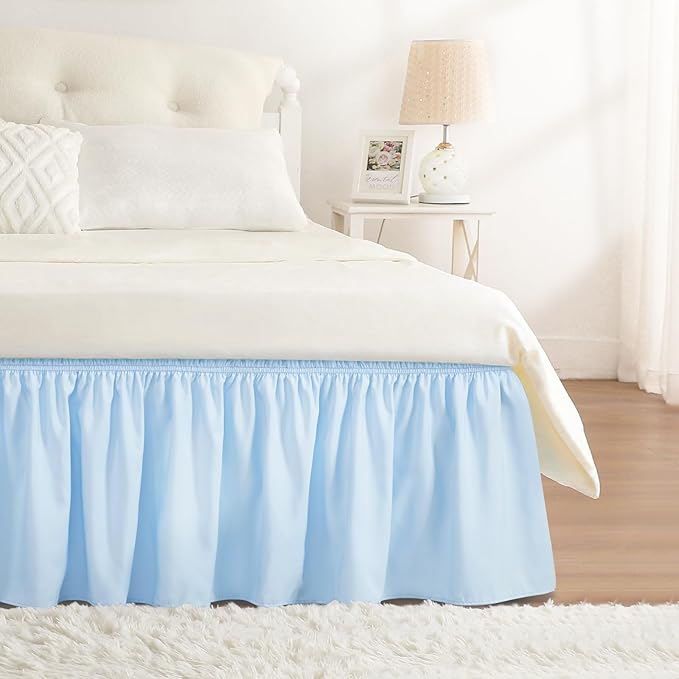 RIMELA Light Blue Bed Skirt King Size 18 Inch Drop, Elastic Bed Skirting for Bed Base and Frame, Bedding Dust Ruffle Easy to Install, Lightweight Wrap Around Adjustable Bedskirt