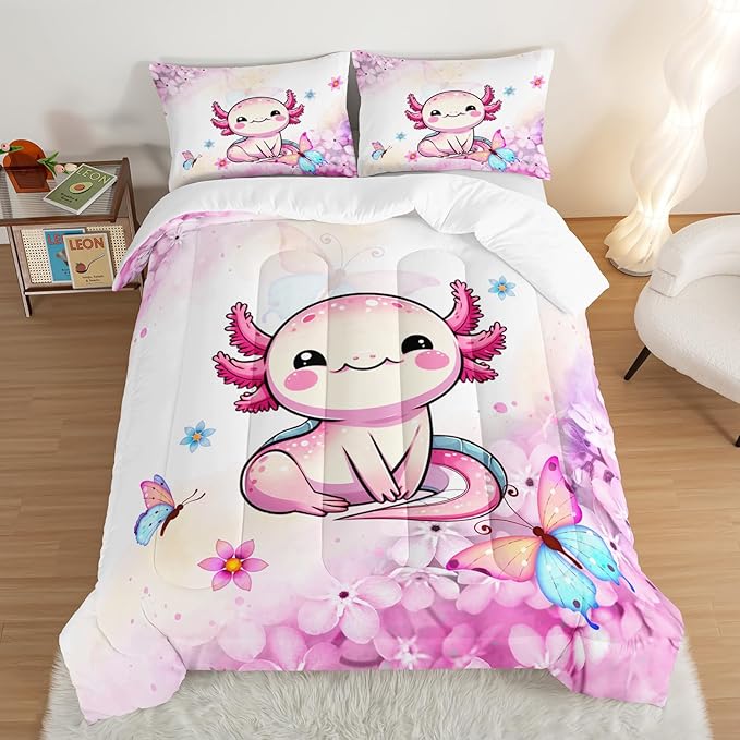 Cartoon Axolotl Comforter Kids Bedding Set,Axolotl Flower Butterfly Bedding Queen Size for Boys Girls Room Kawaii Decor,Pink Toddler Comforter Sets with 2 Pillowcases.