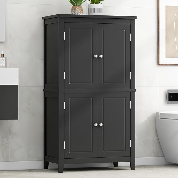 Freestanding Storage Cabinet with 4 Doors,Elegant Organizer Unit with Adjustable Shelves, Sturdy MDF Frame, Anti-Tipping Design, Large Capacity for Bathroom, Kitchen, Office, Home, Black