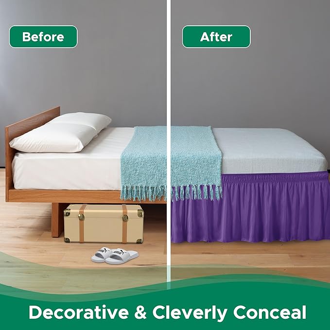 Biscaynebay Wrap Around Bed Skirts for King & Cal King Beds 15" Drop, Purple Adjustable Elastic Dust Ruffles Easy Fit Wrinkle & Fade Resistant Silky Luxurious Fabric Machine Washable