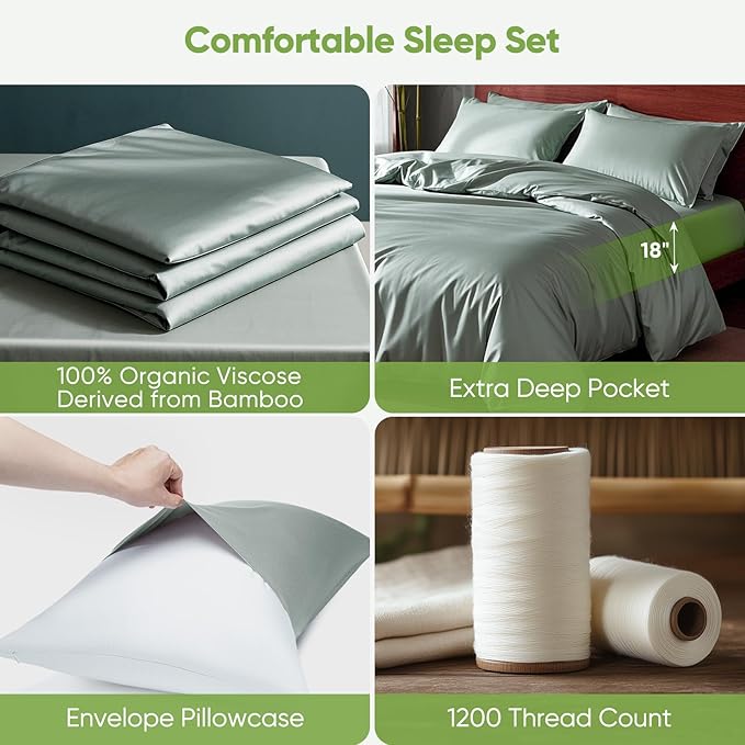 TWK Luxury Sheet Set, Genuine 100% Viscose Derived from Bamboo, Cooling & Breathable, Silky Soft, Bedding Sheets & Pillowcases (Sea Glass, Full)