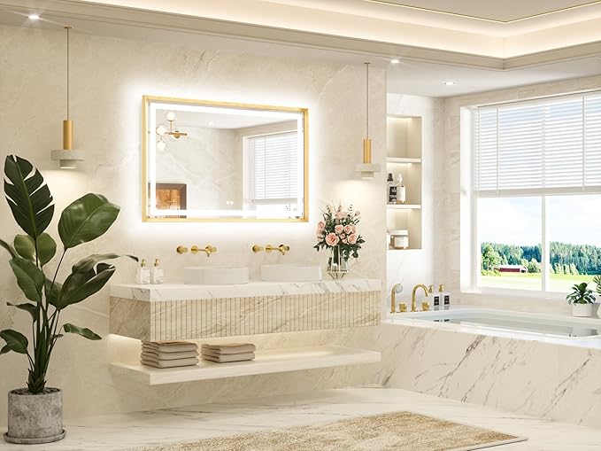 TETOTE 48 x 30 Bathroom Mirror Brushed Gold Metal Frame Frontlit & Backlit Vanity Mirror 3 Colors White/Warm/Natural Stepless Dimmable Anti-Fog Bathroom Mirrors for Vanity Wall-Mounted