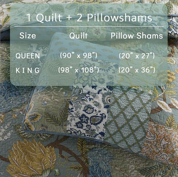 Cotton Bedspread Quilt Bedding Sets 3 Pieces Reversible Coverlet Sets Comforters Rustic Paisley Floral Patchwork Sage Green Bedspread, King Size