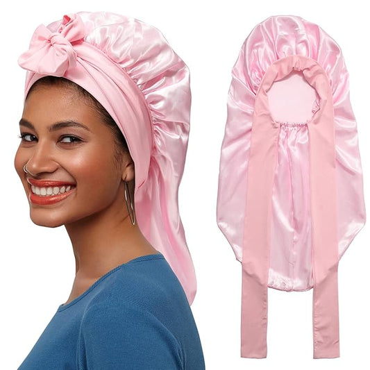 AWAYTR Long Satin Bonnet for Braids - Elastic Silk Hair Bonnets for Sleeping Night Cap Stretchy Tie Band for Women（Pink）