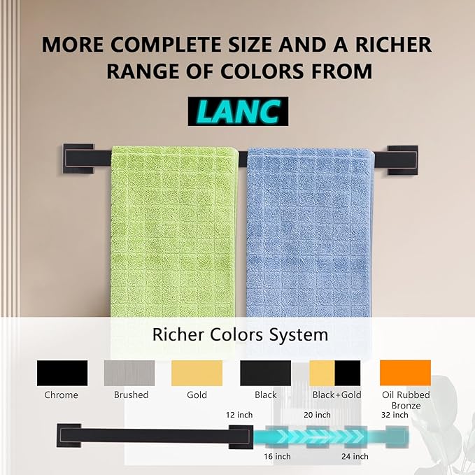 LANC ORB 24-Inch Towel Bar for Bathroom Kitchen Square Towel Rack, Total-26 Oil Rubbed Bronze Bath Towel Holder Wall Mounted Towel Hanger Towel Rod Stainless Steel Towel Rail, A8804ORB-6P1