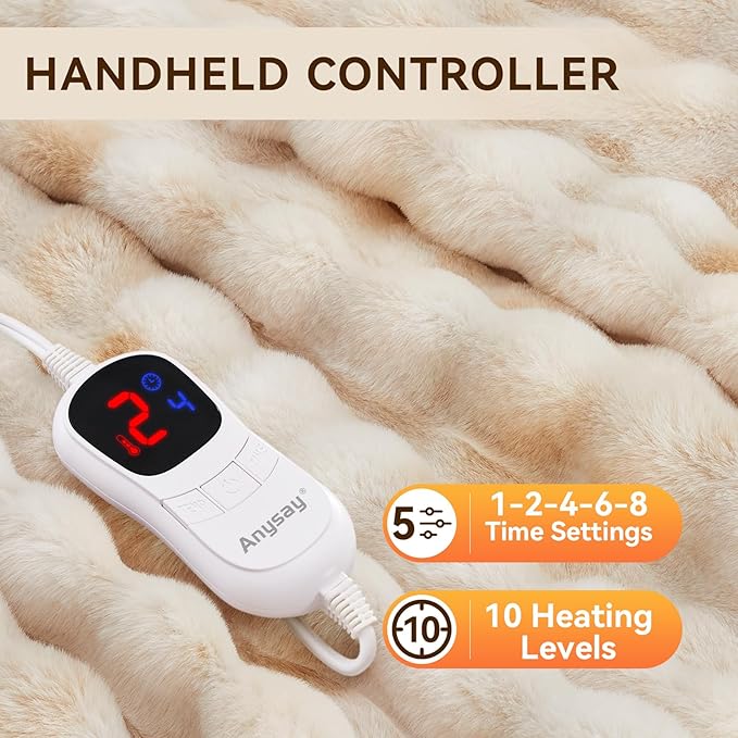 Heated Blanket Queen Size with 1/2/4/6/8 Hours Auto-Off 10 Heat Level, 72'' * 84'' Cozy Faux Rabbit Fur Bubble Electric Blanket with Overheat Protection(Tie-Dye Beige)