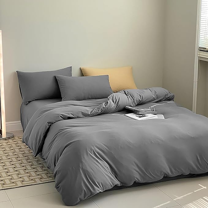 Cottonight Grey Comforter Set King Men Dark Gray Bedding Comforter Set King Size Solid 3Pcs Bed Set Modern Cozy Breathable Gray Bedding Comforter Sets for Women Men