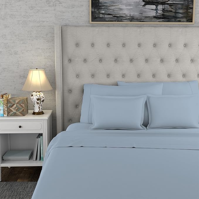 SUPREME ELEGANCE Hotel Luxury Cotton Blend Blue Sheet Set Queen Size, 1200 Thread Count Ultra Soft Sateen Sheet Set, Moisture Wicking & Wrinkle Resistant, Easy Care Fall Bedding Set