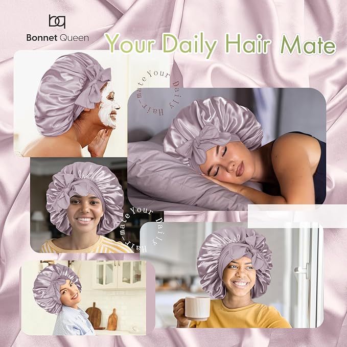 BONNET QUEEN Silk Bonnet for Sleeping Women Big Satin Bonnet Night Sleep Cap Wrap for Curly Hai rwith Adjustable Tie Band, Single Layer, Large, Rose Gold
