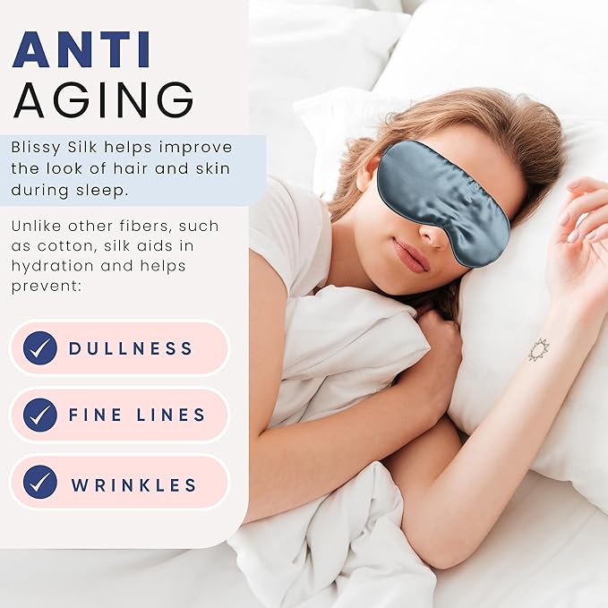 Blissy Silk Sleep Mask - Eye Sleeping Mask for Women & Men for Total Blackout - 100% Pure Mulberry Silk, 22 Momme 6a Fibers - Blindfold Sleep Mask Side Sleeper Eye Cover (Ash Blue)