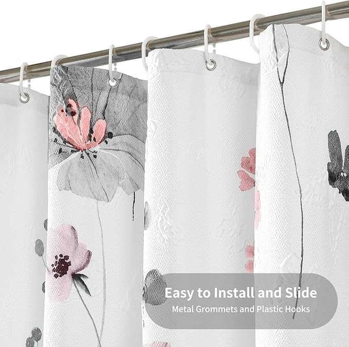 QiyI Watercolor Floral Shower Curtain, 3D Embossed Butterflies Grey Pink Flower Bathroom Curtain, Minimalist White Cloth Bath Curtain, Waterproof Fabric Textured Shower Curtain Set with Hooks, 72x72