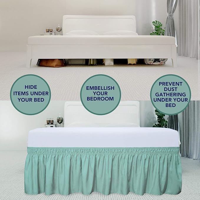 PureFit Wrap Around Ruffled Bed Skirt with Adjustable Elastic Belt - 18 Inch Drop Easy to Put On, Wrinkle Free Bedskirt Dust Ruffles, Bed Frame Cover for Queen, King and C-King Size Beds, Baby Blue