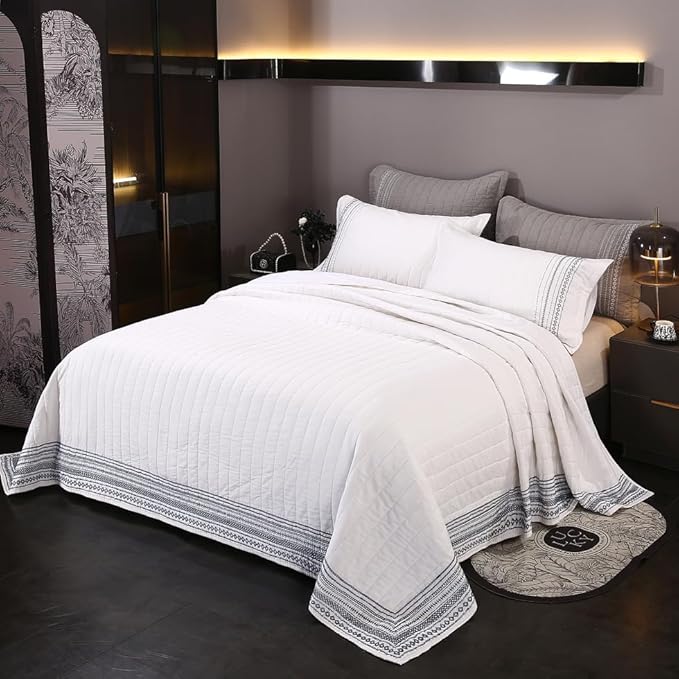 Quilt Set Floral Leaves 3D Embroidery Pattern 2 PCS Cotton Reversible Quilted Embroidered Decorative Bedspreads Coverlet Set, Lightweight &Soft Queen Size Beige Bedding Coverlet for All Season