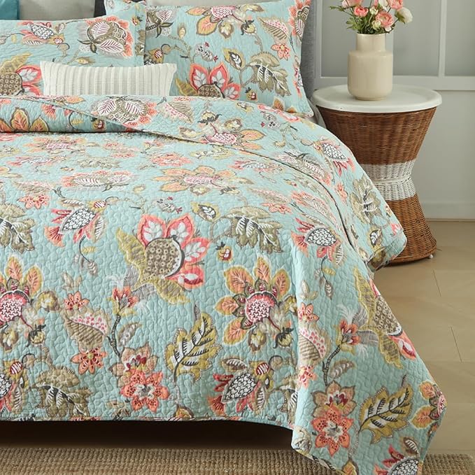 Cotton Bedspread Bedding Coverlet Quilt Sets, Reversible Vintage Branch Floral Bedspread comforters, (Vintage Floral Blue Pattern, Queen Size)