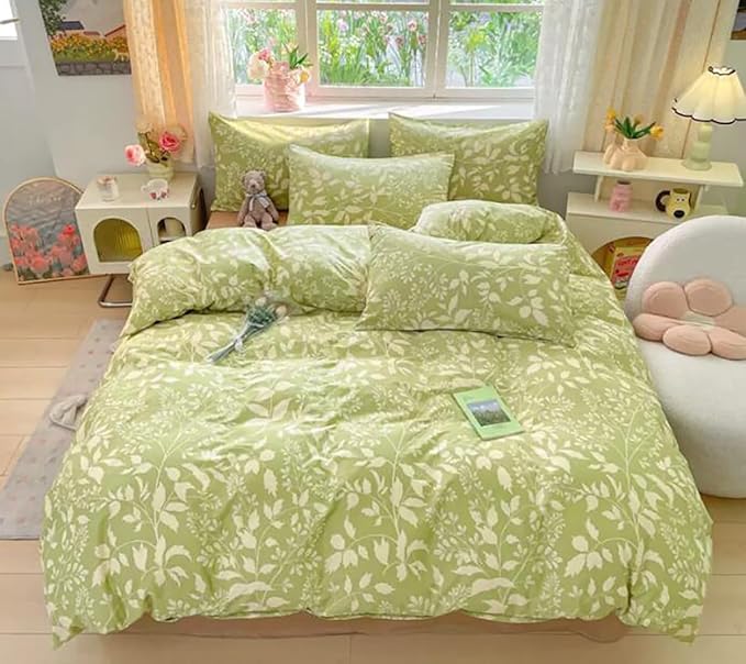 KAREVER Green Botanical Comforter Set King Sage Green Floral Comforter Cotton Women Girls Matcha Green Floral Plant Quilts Garden Bohemian Sage Green Blanket Rustic Leaf Blossom King Bed Comforter