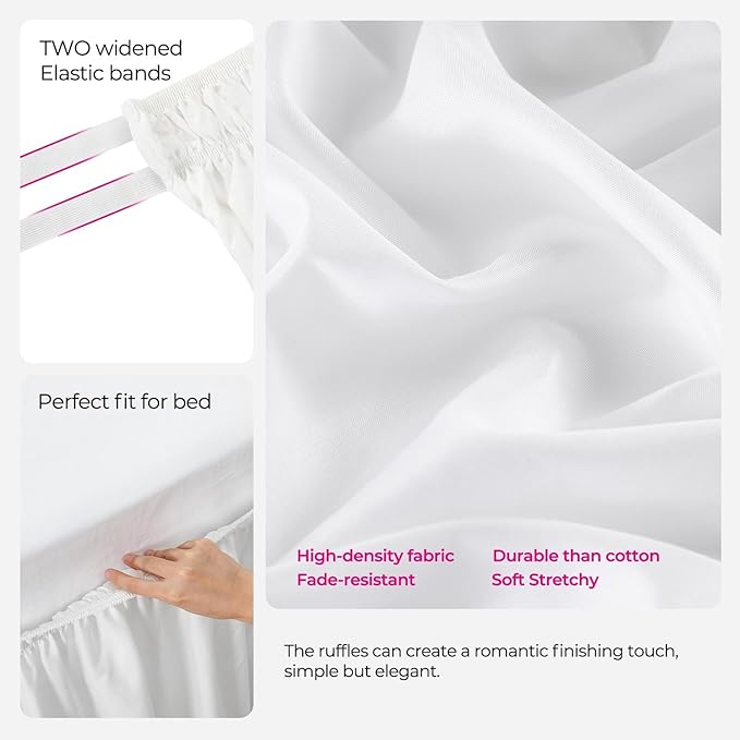 RIMELA Bed Skirt King Size White Bed Skirt 25 Inch Drop, Wrap Around Elastic Adjustable Bedskirt, Dust Ruffle for Bed Frame & Box Spring Soft Durable Fabric Machine Washable Easy to Install