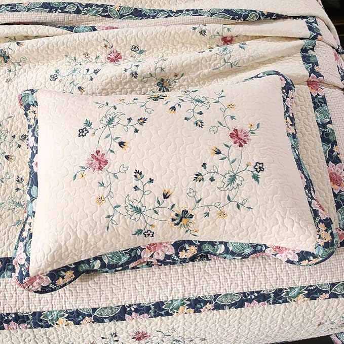 Quilt Set Floral Leaves 3D Embroidery Pattern 2 PCS Cotton Reversible Quilted Embroidered Decorative Bedspreads Coverlet Set, Lightweight &Soft Queen Size Beige Bedding Coverlet for All Season