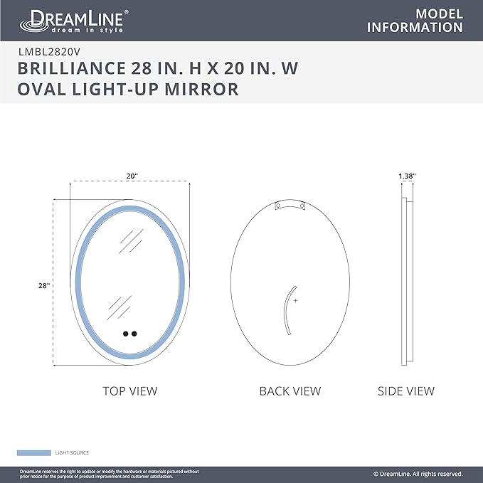 DreamLine Brilliance 28 in. H x 20 in. W Oval Light-up Mirror, Matte Black