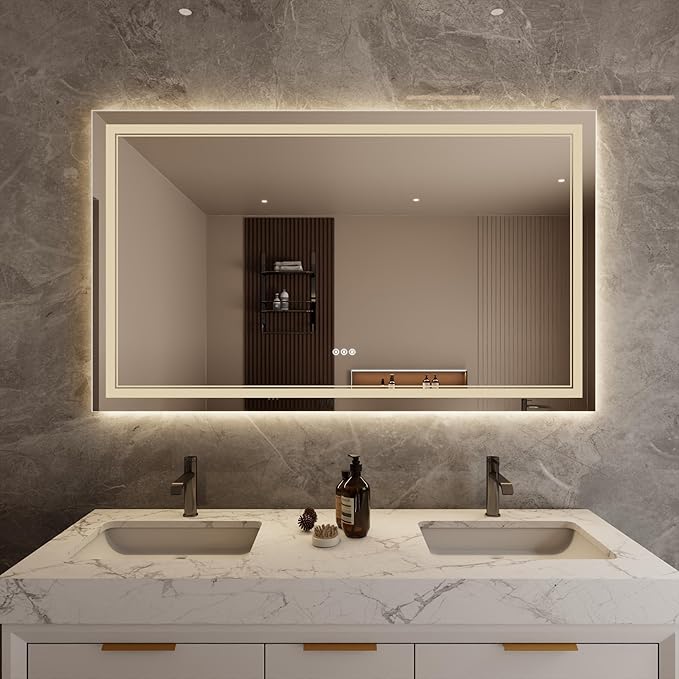 Bathroom Mirror with Lights 36"X60" with Front Light and Backlit, Tempered Glass, Wall Mount Horizontal/Vertical, Stepless Dimmable, 3 Colors, Anti Fog, Bathroom Memory LED Mirror