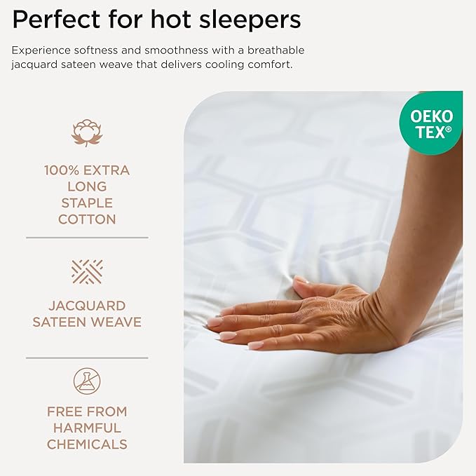Threadmill 100% Cotton Sheets for Queen Size Bed - 600 Thread Count Queen Bed Sheets Set with 16” Deep Pocket - Jacquard Sateen Weave 4-Piece Bedding Set with Cooling Effect, White