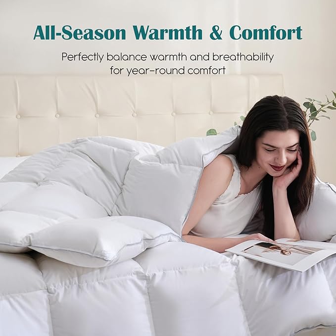 Goose Feather Down Fiber Comforter Queen Size, 100% Cotton Cover Ultra Soft Fluffy Duvet Insert Queen, All Season Luxurious Hotel Bedding Comforter, White 90"x90"