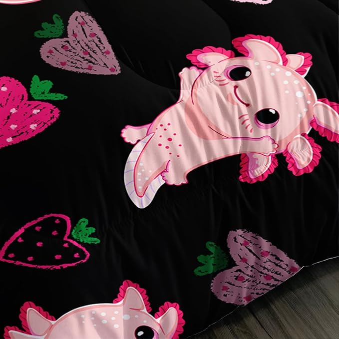 Cute Axolotl Bedding Set King Size,Pink Axolotl Strawberry Printed Comforter Sets Aesthetic Bedding for Kids Girls,Beach Coastal Animal Themed Comforter Sets with 2 Pillowcases.