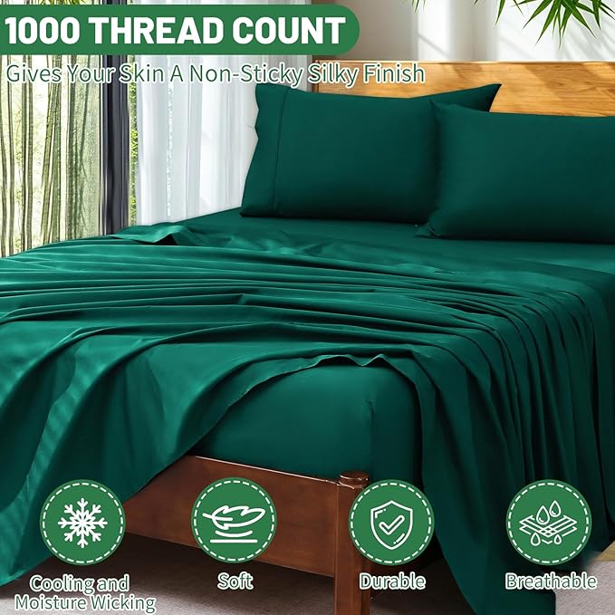 Extra Deep Pocket King Sheets 18-24 Inch 1000 Thread Count 100% Egyptian Cotton Sateen Weave Soft Breathable 4 Pieces（King，Dark Green）