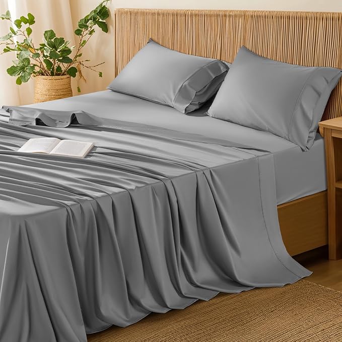 LBRO2M 100% Cotton Sheets Set King Size 600 Thread Count Sheet 4 Piece Sets Bed Sheet Deep Pocket Up to 16" Soft Comfortable All Season (King, Gray)