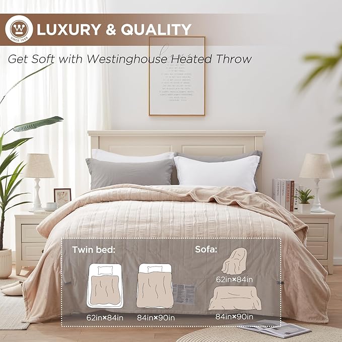Westinghouse Heated Blanket Full Size - Electric With 10 Heating Levels, 1-12 Hours Auto Shut Off, Fast Warming, Machine Washable (Full, 72x84 Inches, Beige)