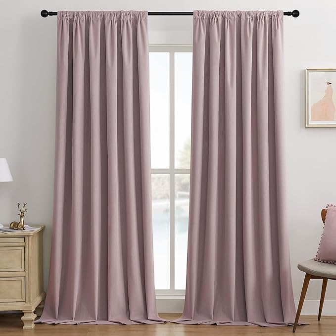 Joydeco Rose Pink 100% Blackout Curtains 72 Inch 2 Panels, Luxury Thermal Pink Velvet Curtains for Bedroom Living Room, Soundproof Blackout Window Drapes, Rod Pocket & Back Tab (52W x 72L)