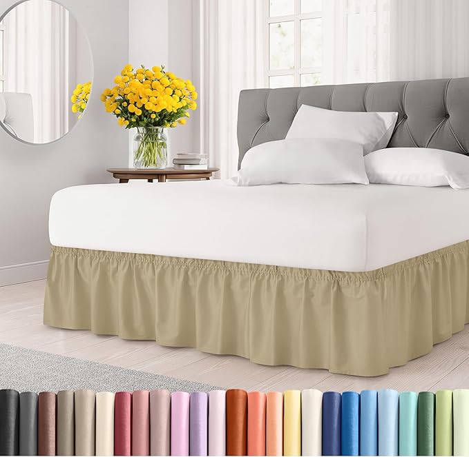Wrap Around Dust Ruffle Bed Skirt - Beige - for Queen Size Beds with 18 Inch Drop - Easy Fit Elastic Strap - Adjustable Pleated Bedskirt w/Brushed Fabric - Wrinkle Free - for Women, Men, Kids & Teens