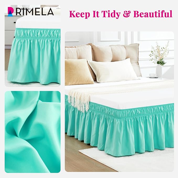 RIMELA Spa Blue Bed Skirt Queen Size 15 Inch Drop, Elastic Bed Skirting for Bed Base and Frame, Bedding Dust Ruffle Easy to Install, Lightweight Wrap Around Adjustable Bedskirt
