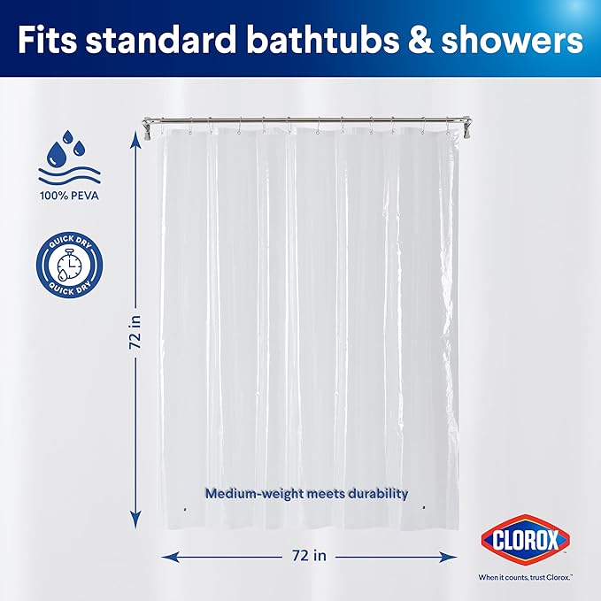 CLOROX Shower Curtain Liner, Premium Medium-Weight Durable Waterproof 6g PEVA for Bathroom with Weighted Magnets, Standard Size 72" x 72", Clear 1 Pack