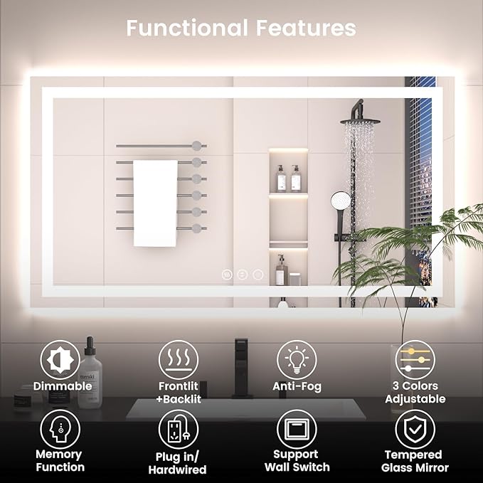 72X40 LED Bathroom Mirror with Lights, Anti-Fog, Backlit + Front Lit (CRI>90), Lighted Bathroom Vanity Mirror for Wall, Memory Function, Dimmable, Tempered Glass, Shatter-Proof, ETL Listed