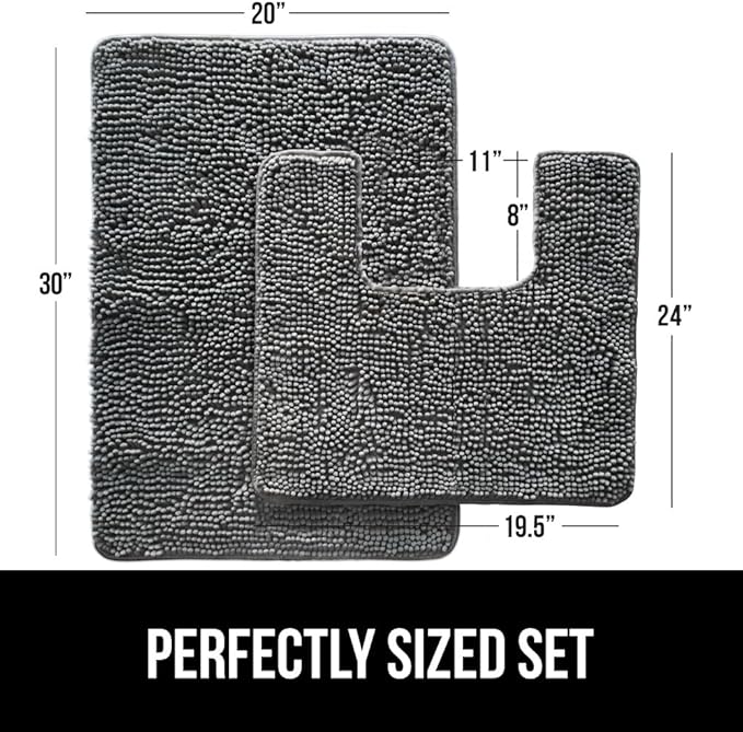 GORILLA GRIP Bathroom Rug Sets, Soft Chenille 2 Piece Area Rugs Set, Toilet Base Mat and 30x20 Carpet, Absorbent Microfiber Washable Mats Dry Quickly, Home Décor and Bath Room Accessories, Grey