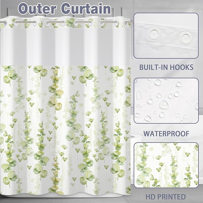 Green Leaves Shower Curtain No Hooks with Snap-in Fabric Liner Set,Spring Plant Vine Shower Curtain for Bathroom,Hotel Decor Waterproof Shower Curtains,with See Through Top Window,71W x 74H