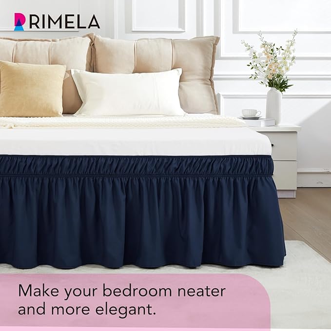 RIMELA Navy Blue Bed Skirt King Size 18 Inch Drop, Elastic Bed Skirting for Bed Base and Frame, Bedding Dust Ruffle Easy to Install, Lightweight Wrap Around Adjustable Bedskirt