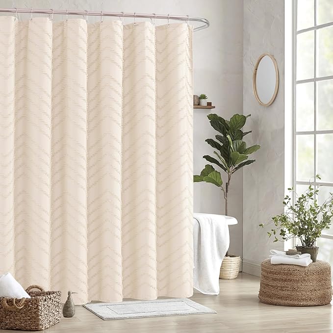 Cream Boho Fabric Shower Curtain 60 x 72 Modern Shabby Chic Textured Tufted Chevron Striped Minimalist Cloth Bathroom Shower Curtain