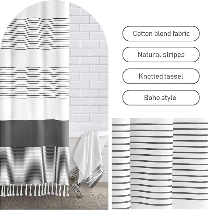 Awellife Gray Shower Curtain for Bathroom Stripe Tassel Shower Curtain 36 X 72 Farmhouse Cotton Boho Dark Grey