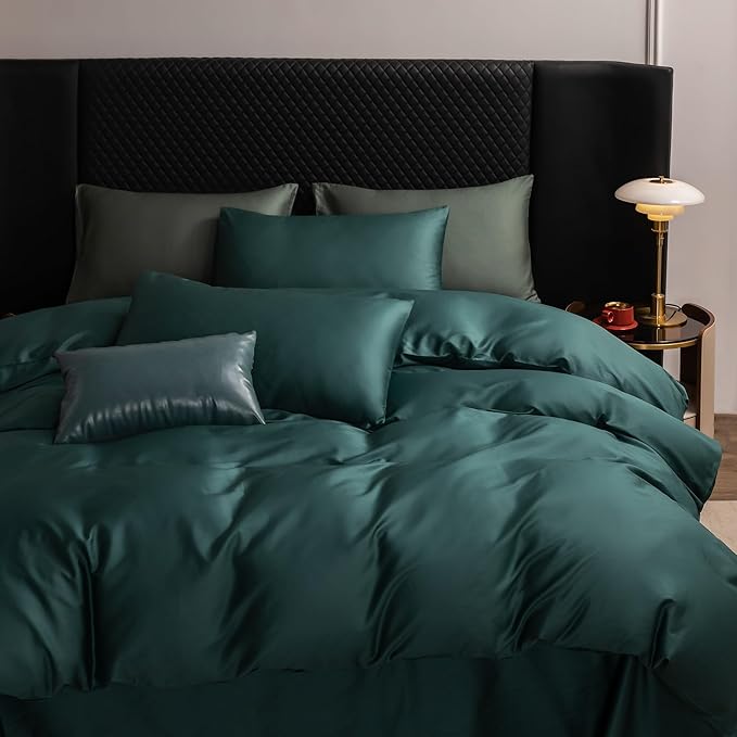 MooMee Duvet Cover Set 100% Extra Long Staple Cotton 600 Thread Count Silky Sateen Smooth Luxury Soft Breathable Durable Hotel Quality Bedding, 3 Pieces (Teal Green, Full 80"x90")
