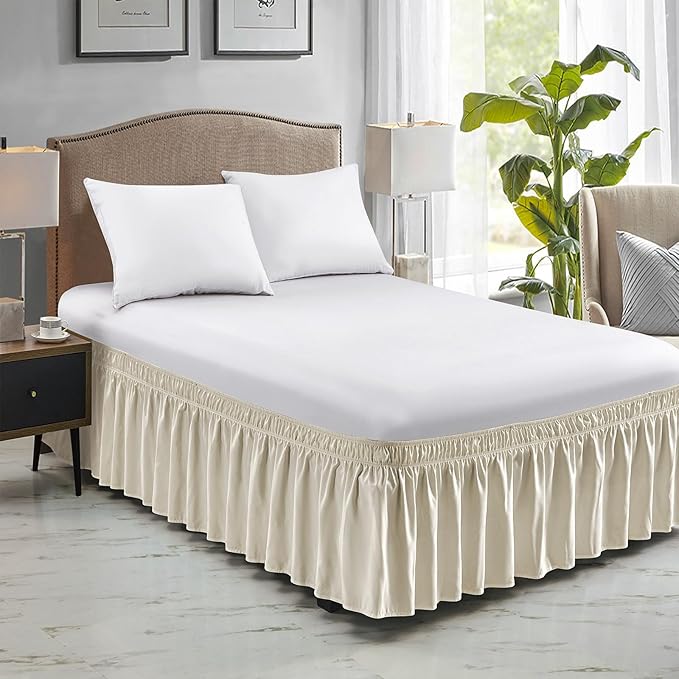 FreshCulture Twin Bed Skirt, Elastic Wrap Around Bed Skirt Twin Size, Bed Skirts for Adjustable Bed, Easy Fit with 15 Inch Drop Length, Hotel Quality Dust Ruffle for Twin Bed (Cream)