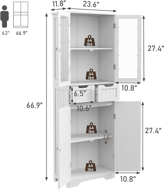 67" Tall White Bathroom Cabinet Storage Cabinet, Freestanding Storage Cabinet with Glass Door and Adjustable Shelves, Bathroom Cabinet for Living Room, Kitchen, Dining, White