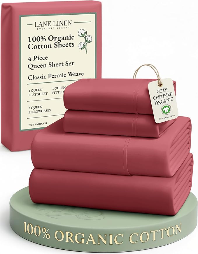 LANE LINEN 100% Organic Cotton Queen Sized Sheets, Fuly Elasticized Mercerized Low Pill Fade Resistant Percale Weave Bedsheets for Queen Size Bed, Soft and Comfy Sheet & Pillowcase Sets - Mineral Red