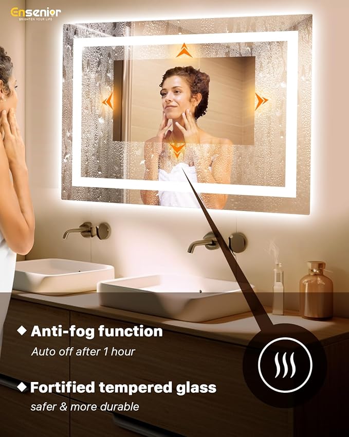 Ensenior LED Bathroom Mirror 60"x 40" with Front and Backlight, Stepless Dimmable Wall Mirrors with Anti-Fog, Shatter-Proof, Memory, 3 Colors, Modern LED Vanity Mirror- FCC