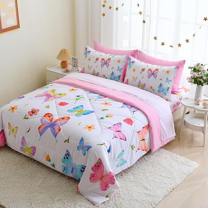 Wajade 7 Piece Butterfly Comforter Set for Girls Kids Cute Colorful Butterfly Flowers Floral Bedding Set Queen Size with Sheet and 2 Pillowcases 2 Pillow Shams Bed in a Bag as Birthday Choice