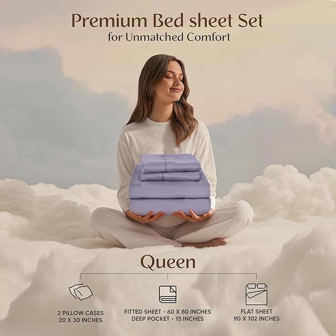 Utopia Bedding Queen Sheet Set – 4 Piece Bed Sheets for Queen Size Bed, Soft and Breathable Microfiber, Includes 1 Fitted Sheet, 1 Flat Sheet and 2 Pillowcases (Lavender)