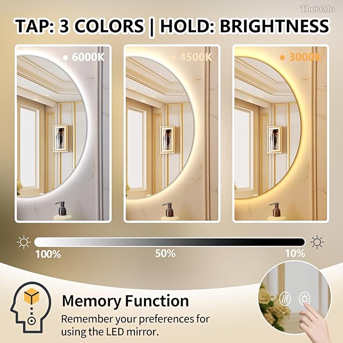 Round LED Mirror for Bathroom, 40" Circle Frameless Backlit Mirror with Lights, Wall Mounted Vanity Mirror, 3 Colors, Dimmable, Anti-Fog, IP65 Waterproof, Memory Function, UL Listed