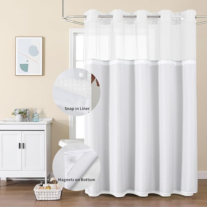 Colorful Star Small Stall Shower Curtain with Snap in Fabric Liner, Waffle Weave No Hook Shower Curtains with Mesh Top Window, Hotel Style Waterproof Bathroom Curtain Set, 36 x 75 Inch, White