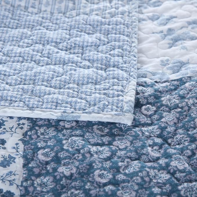 ENASAL Cotton Bedspread Quilt Bedding Sets Reversible Coverlet Sets Comforters Rustic Floral White Blue Patchwork Pattern Bedspread for All Season, King Size